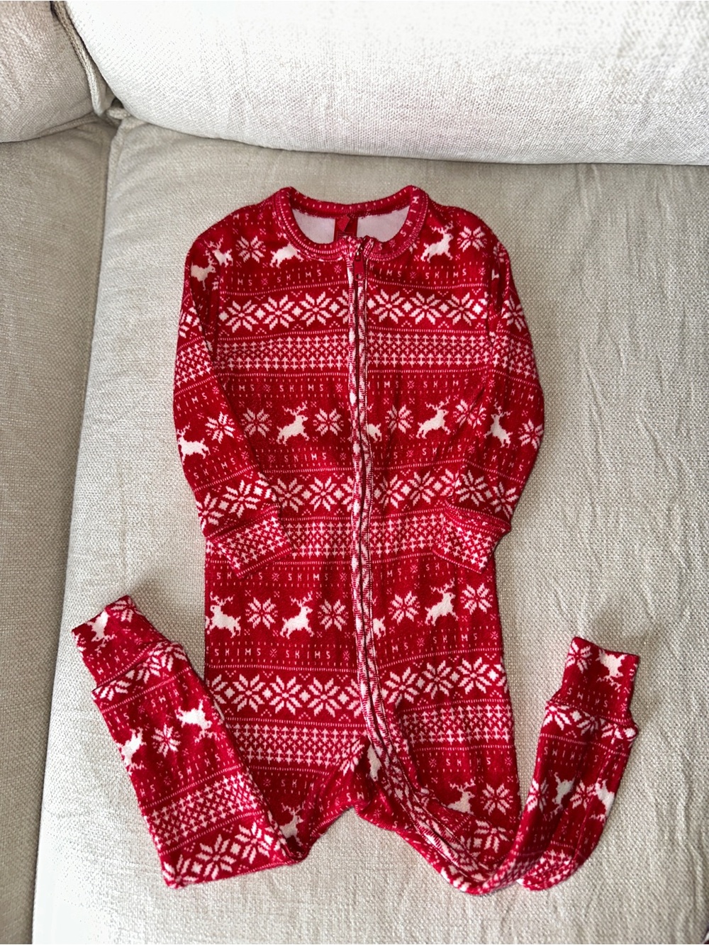 SKIMS Red Reindeer & Snowflake One-Piece Footie